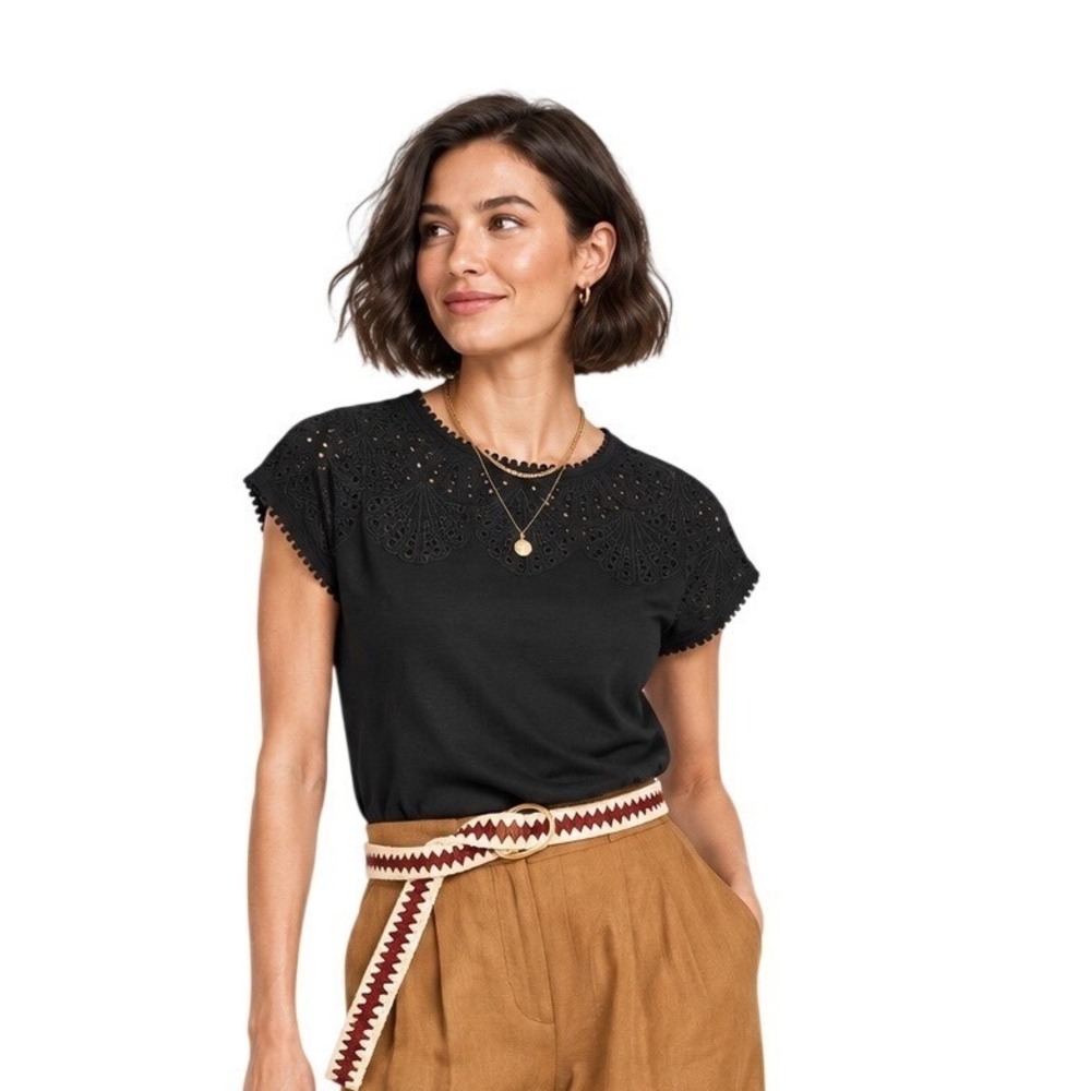 Boden Anya Broderie T-Shirt Black Eyelet Embroidered Cotton Top US 8